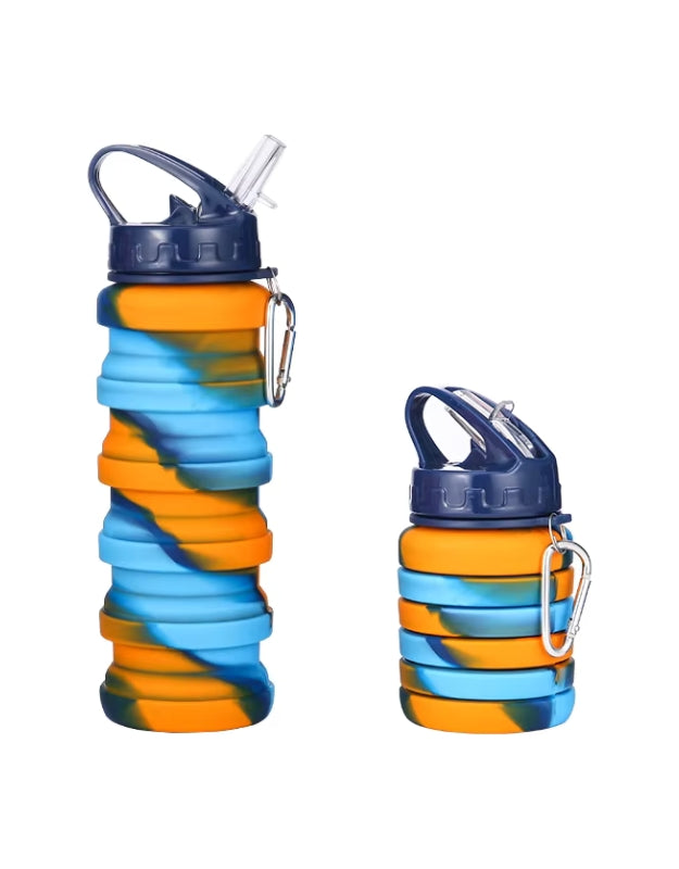 Genie collapsible sports bottle in orange and blue, shown in both extended and compact forms with a navy lid and straw spout.