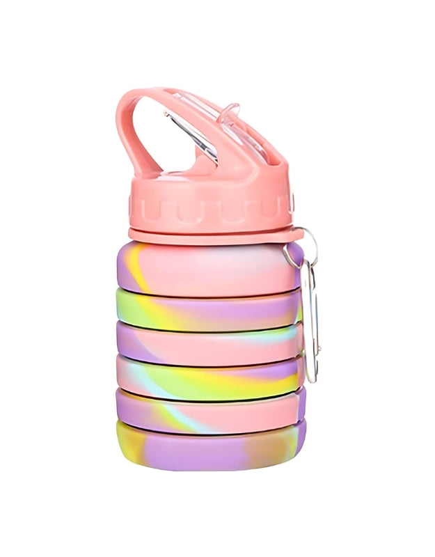 Compact pastel rainbow-colored collapsible water bottle with a pink lid and metal carabiner