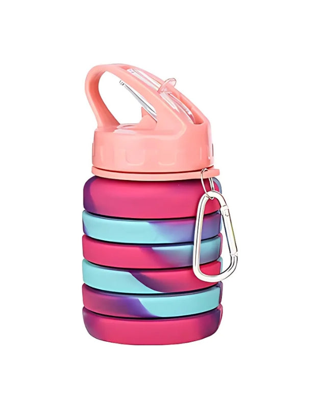 Collapsible pink and teal swirl water bottle with a coral pink lid and metal carabiner.