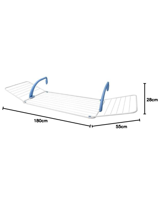 Gimi Brezza 200 balcony drying rack dimensions 180 cm length, 55 cm width, 28 cm height.