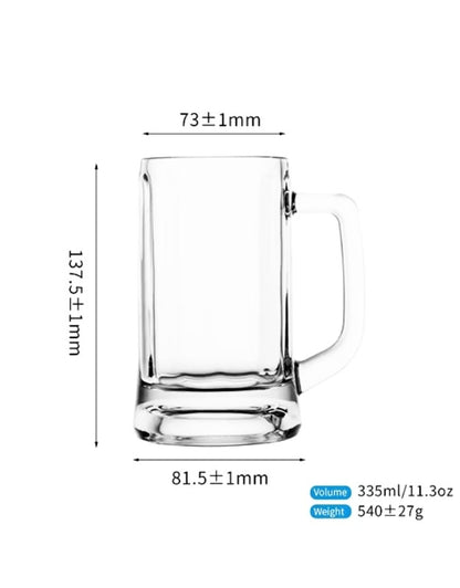 Clear glass mug with dimensions and volume/weight information on a white background. Glass beer mug with handle showing dimensions, 137.5mm height and 335ml capacity.
