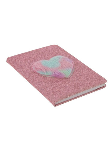 Pink glittery notebook with a heart-shaped cloud design on a white background