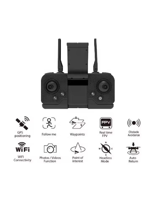 GPS drone remote control features with WiFi FPV and headless mode icons