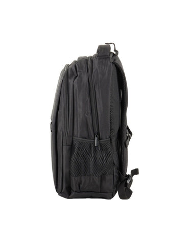 Side view of Grant multi-functional waterproof fabric backpack showing zippers, mesh pocket, and adjustable straps