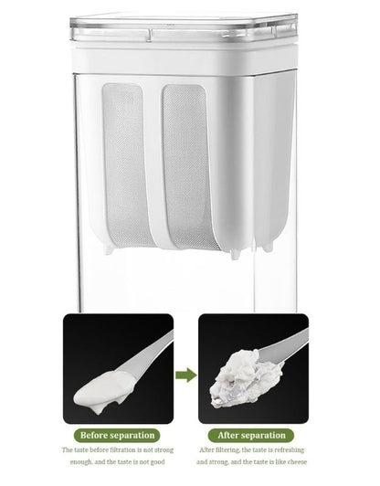 Greek yogurt strainer showing before and after whey separation.