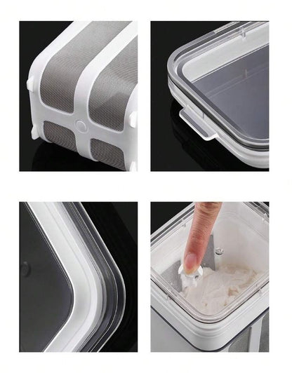 Close-up of Greek yogurt strainer container parts and lid design.