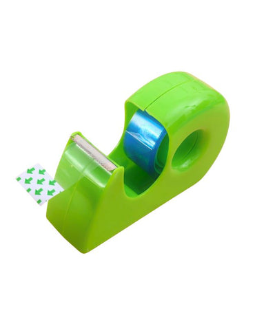 Green tape dispenser with blue tape being pulled, shown on a white background.