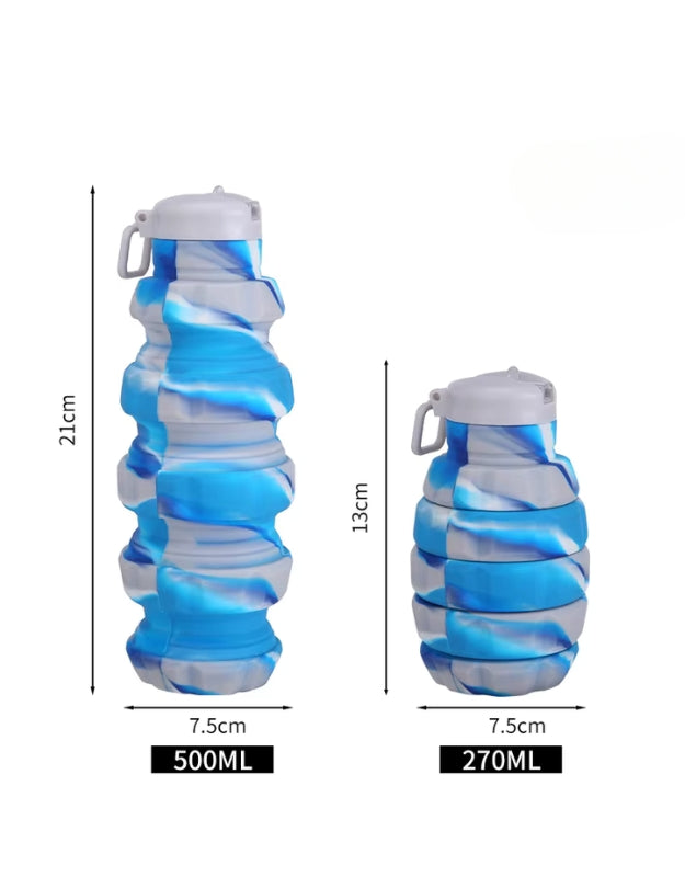 Size comparison of blue grenade-shaped silicone water bottle fully extended (500ml, 21cm) and collapsed (270ml, 13cm).