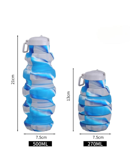 Size comparison of blue grenade-shaped silicone water bottle fully extended (500ml, 21cm) and collapsed (270ml, 13cm).