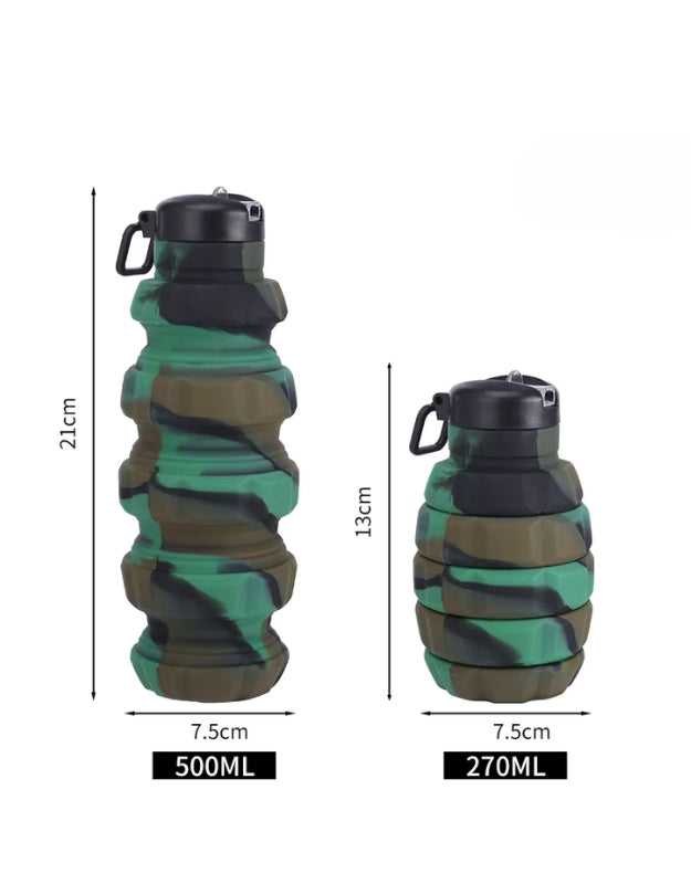 Size comparison of green camouflage grenade-shaped silicone water bottle fully extended (500ml, 21cm) and collapsed (270ml, 13cm).