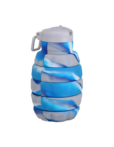 Collapsed blue and white silicone sports water bottle in grenade shape, 270ml capacity.