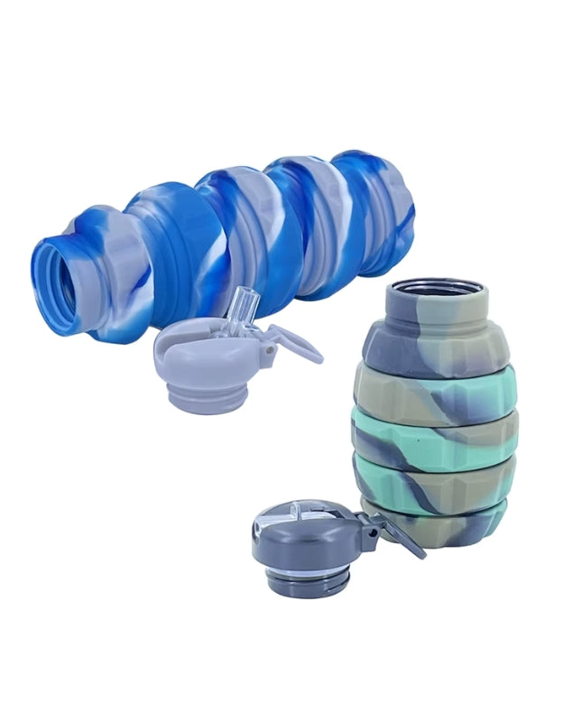 Collapsible grenade-shaped water bottles shown extended and with lids removed, in blue and green color variants.