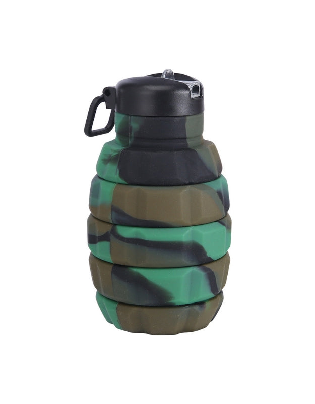 Collapsed green camouflage silicone sports water bottle in grenade shape, 270ml capacity.
