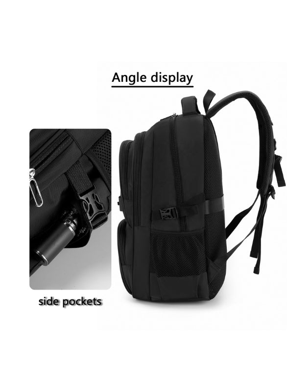 Side view of Haibowy polyester backpack with mesh side pocket for water bottles