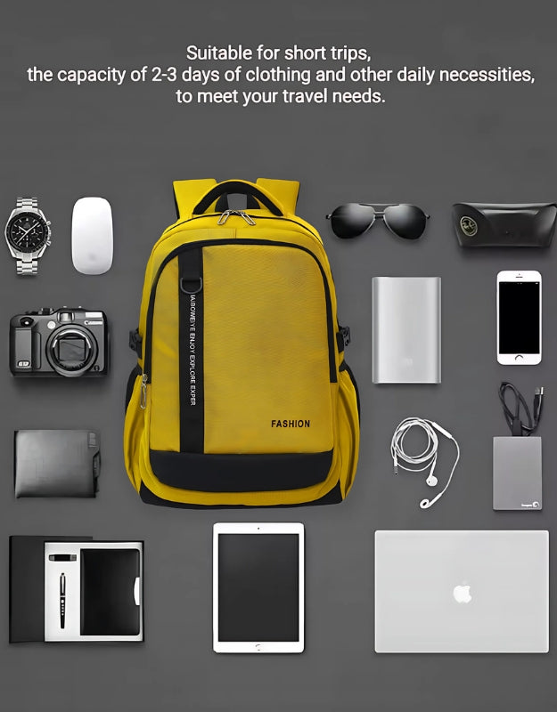 "Haibowy travel backpack showing capacity with clothes, gadgets, and accessories