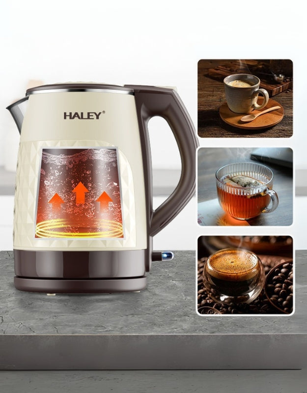 Haley double-layer electric kettle showing internal heating system and boiling water with arrows, ideal for tea and coffee.