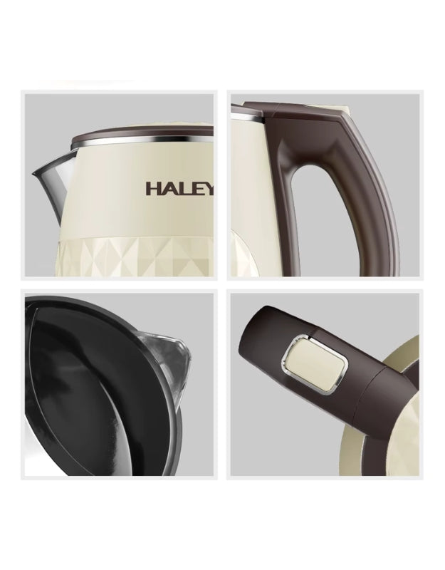 Close-up collage showing Haley electric kettle spout, handle, lid, and button design for easy use and safety.