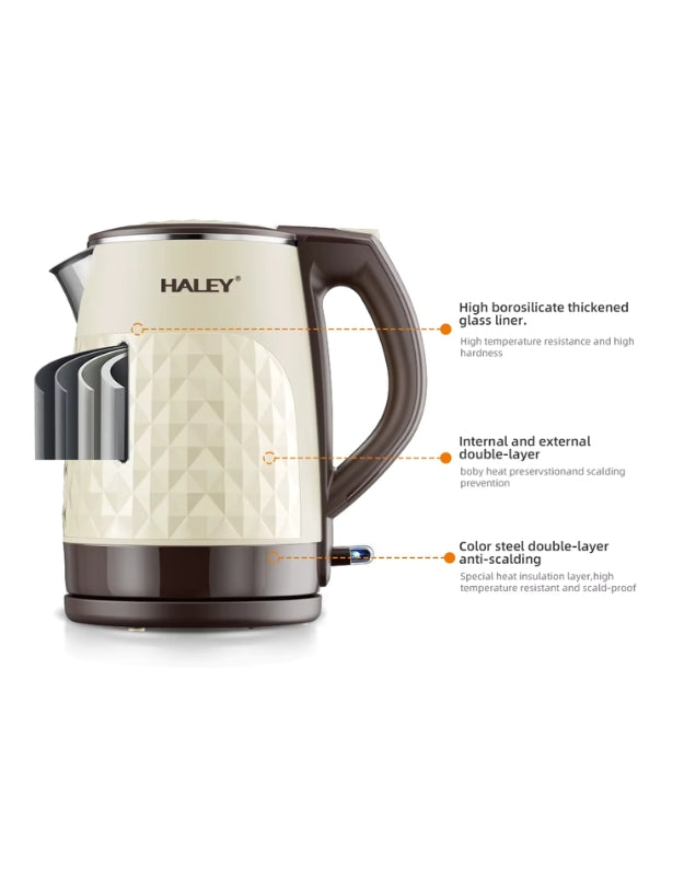 Haley 2000W electric kettle double-layer insulation structure showing borosilicate glass liner and anti-scalding color steel shell