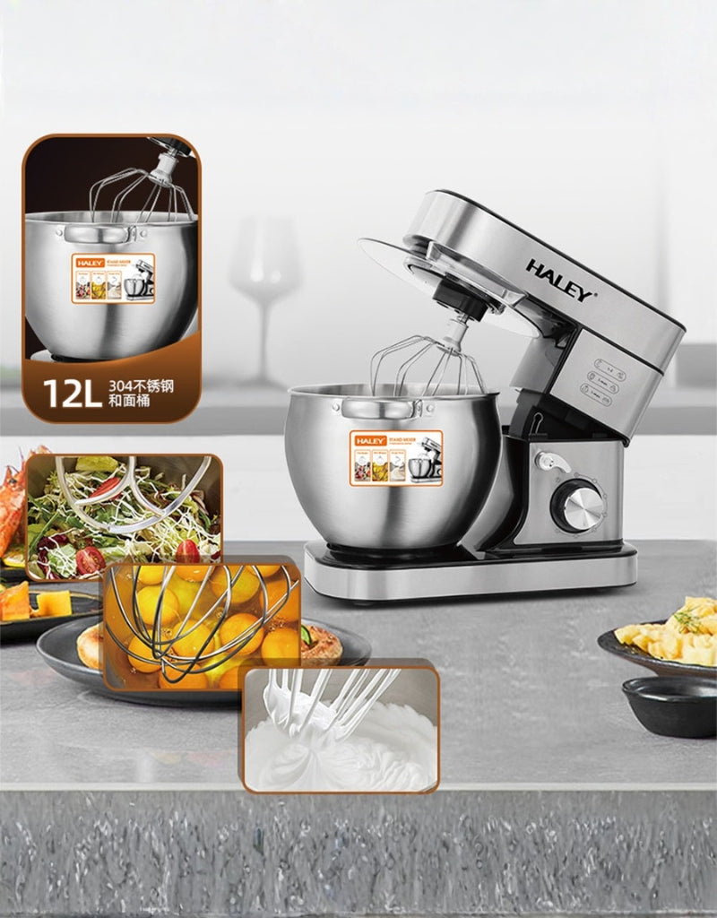 Haley Electric Kitchen Stand Mixer 2000W with 12-liter stainless steel bowl, ideal for mixing salads, dough, and cream