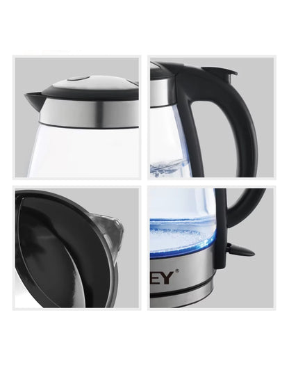 Close-up of Haley High Quality 2.2L Electric Kettle showing lid, handle, spout, and power switch details