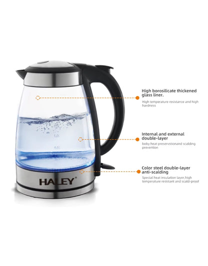 Haley High Quality 2.2L Electric Kettle showing borosilicate thickened glass, double-layer insulation, and color steel anti-scalding design