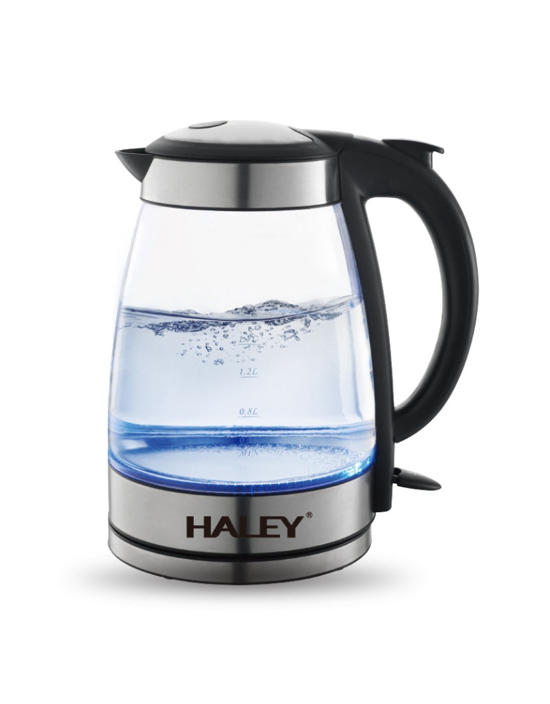 Haley High Quality 2.2L Electric Kettle with blue LED light and transparent glass body showing boiling water
