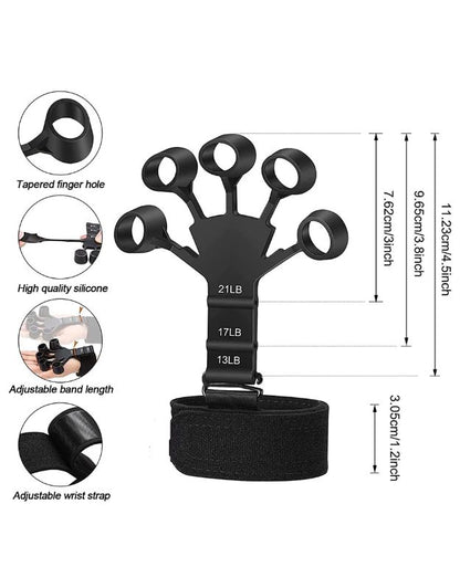 Hand grip strengthener with size dimensions, tapered finger holes, silicone material, and adjustable wrist strap.
