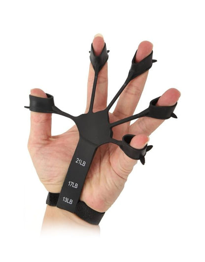 Hand grip strengthener worn on hand showing finger extension exercise with 21lb resistance.