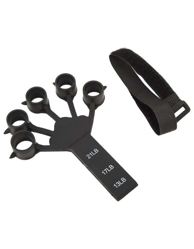 Finger resistance band grip strengthener with adjustable wrist strap, 13lb to 21lb tension.
