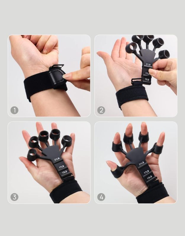 Step by step guide showing how to wear and use the hand grip strengthener with adjustable strap.