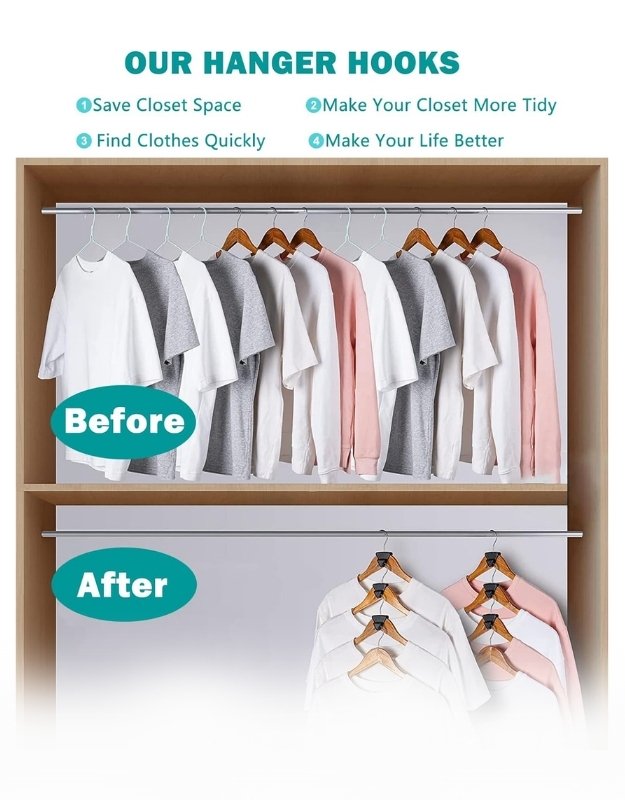 Closet with hanger hooks before and after using the hooks to organize clothes.