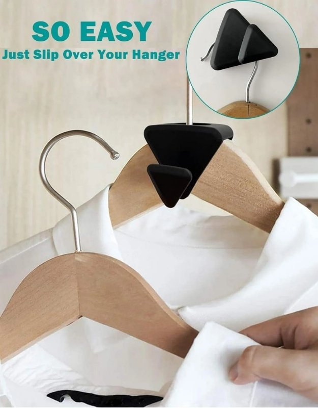 Black clip slipping over a wooden hanger with text 'So easy, just slip over your hanger'.