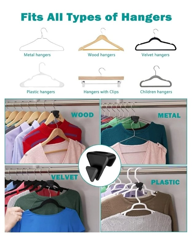 Various types of hangers and a black clip used on them.