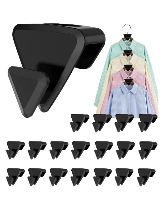 Black clothing hanger with multiple hooks and colorful shirts on a white background.