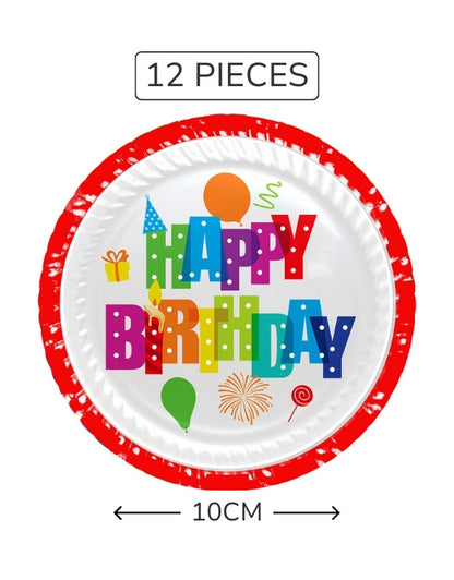Set of 12 round paper plates with colorful Happy Birthday design, 10 cm size, red border.