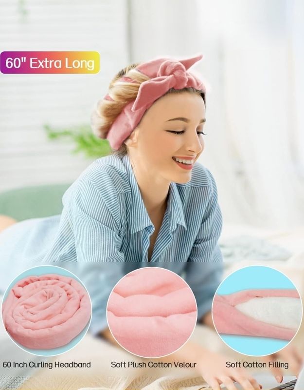 Pink 60 inch extra long curling headband with soft cotton filling.
