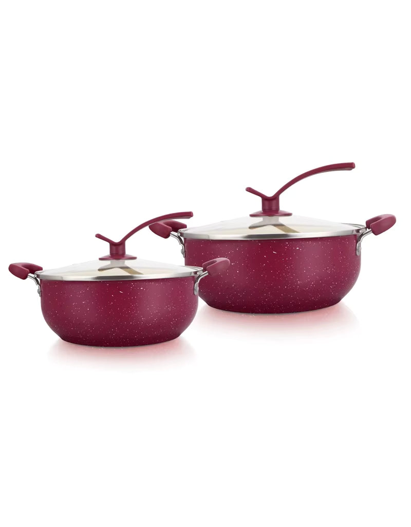 HotChef 28 CM Marble Fryer Pot set – durable non-stick pots with glass lids, elegant red finish