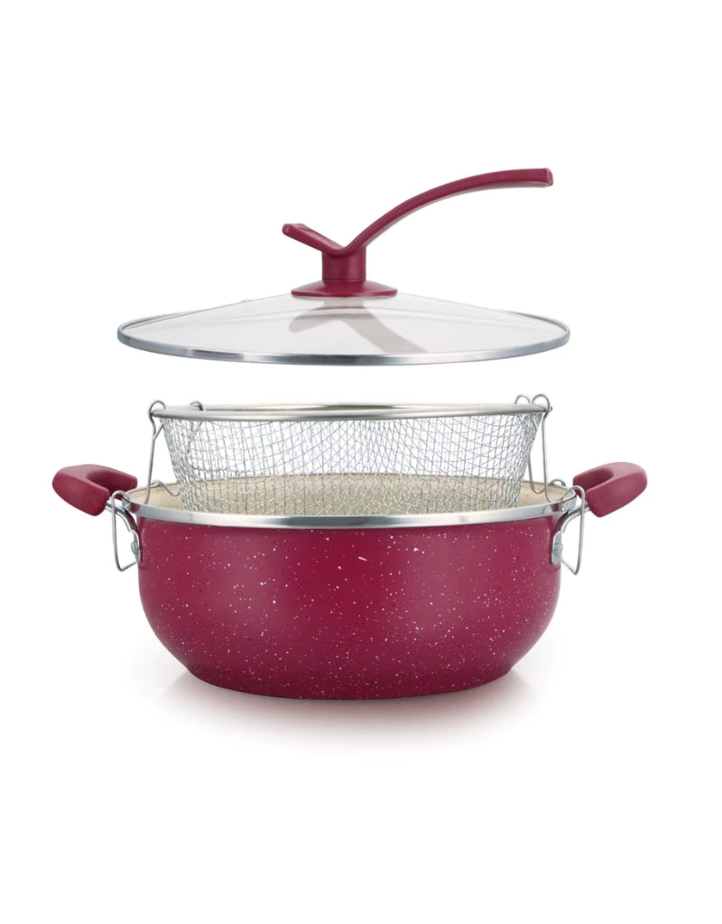 HotChef Marble Fryer Pot with Fry Basket and Glass Lid, 28 CM – non-stick marble finish in red