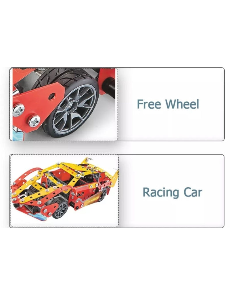 HotWheel 370 PCS metal car kit features: close-up of free wheel and image of racing car model.