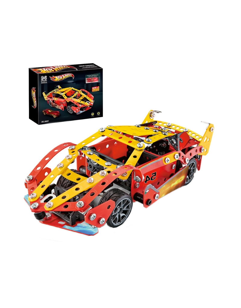 Assembled red and yellow HotWheel 370 PCS metal car building kit with the product box.