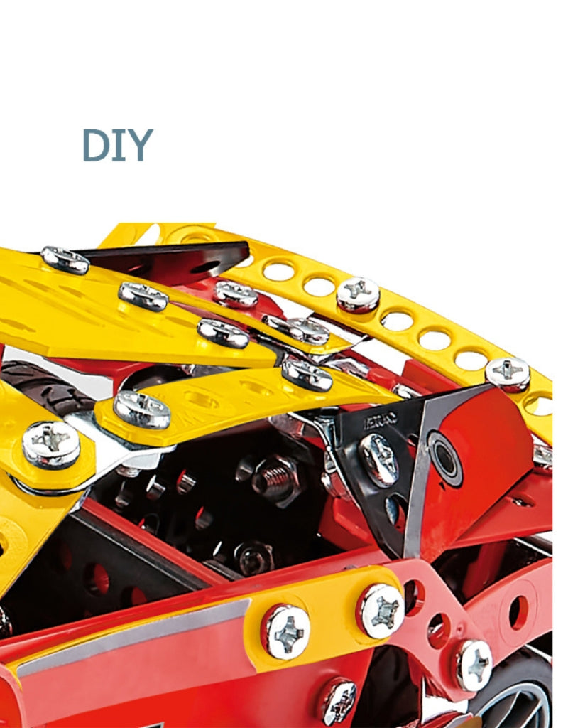 Close-up detail of the DIY HotWheel 370 PCS metal car kit construction with exposed screws.