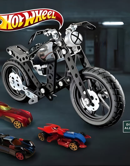 All components and metal pieces of the HotWheel construction set laid out before assembly