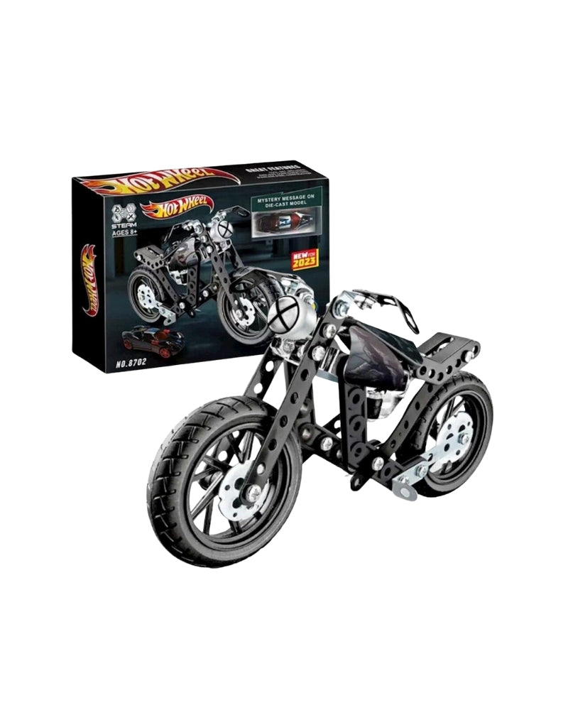 HotWheel metal construction set motorcycle assembled with retail box packaging