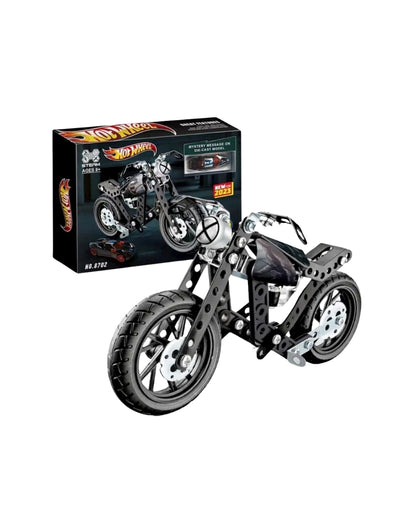 HotWheel metal construction set motorcycle assembled with retail box packaging