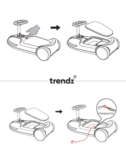 Illustrations of a scooter with assembly steps and 'trendz' branding.