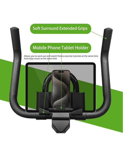 Exercise bike handlebar with extended grips and mobile phone tablet holder.