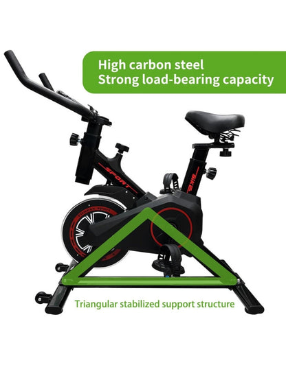 Exercise bike showing high carbon steel triangular stabilized support structure for strong load-bearing capacity