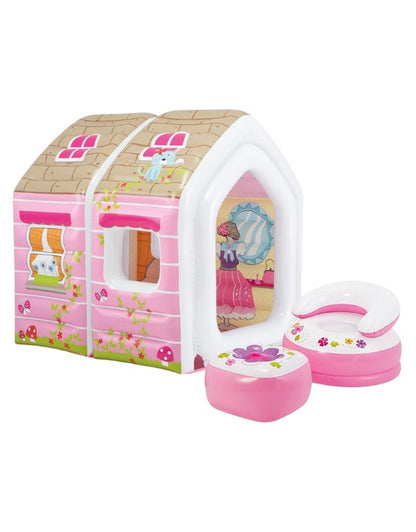 Inflatable pink playhouse with cartoon window designs and matching inflatable seats.