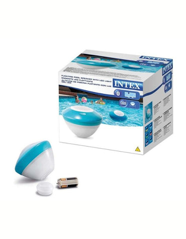 Intex 28625 pool speaker with LED light shown with packaging box and accessories
