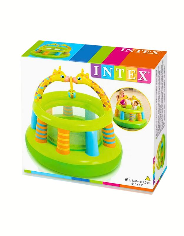 Intex 48474NP Inflatable Mesh Wall Gym in box packaging showing colorful giraffe design and mesh walls.